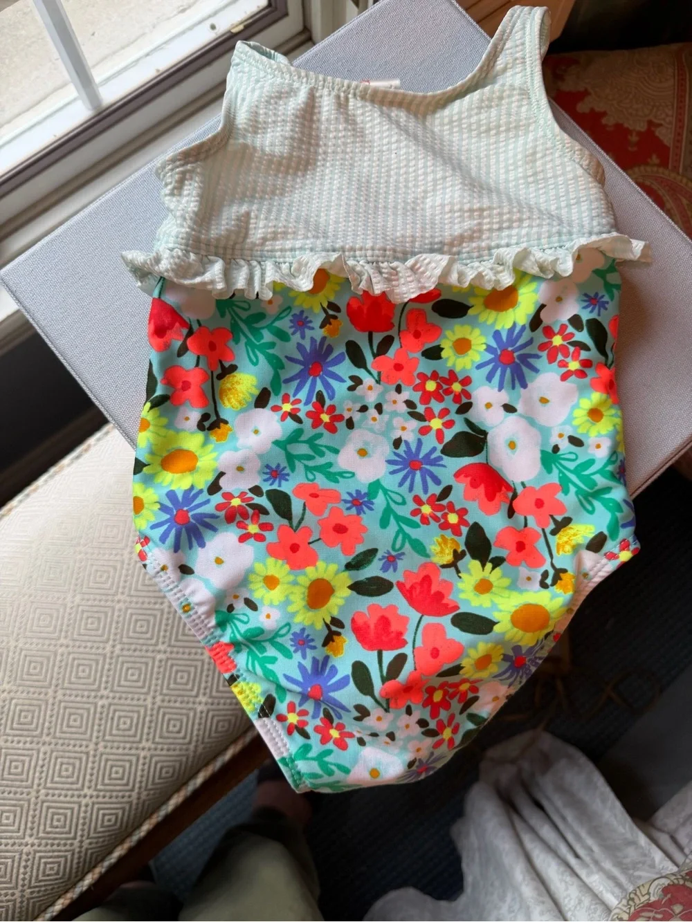 Girls Floral One-Piece Swimsuit with Ruffle Top has Seersucker Look 3T